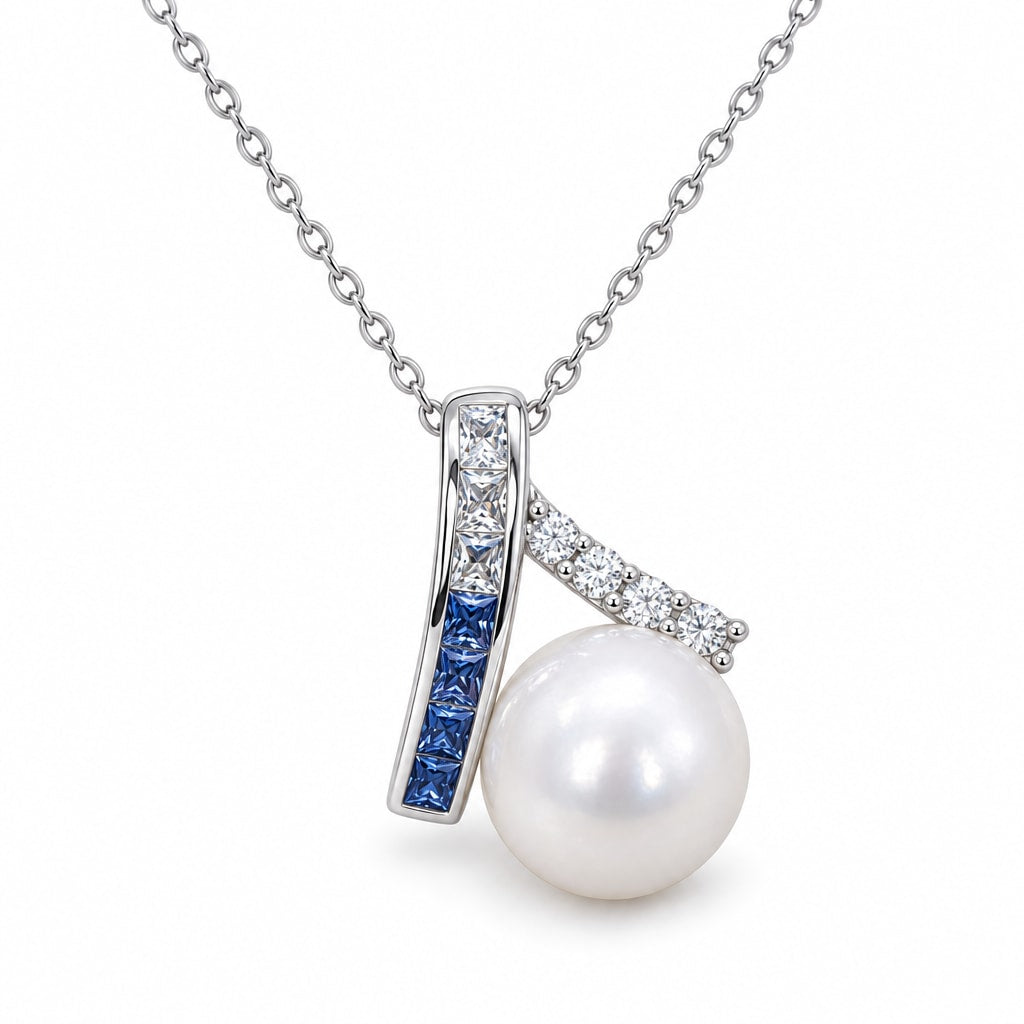 Greta blue ombré bar freshwater pearl pendant necklace in sterling silver on white background