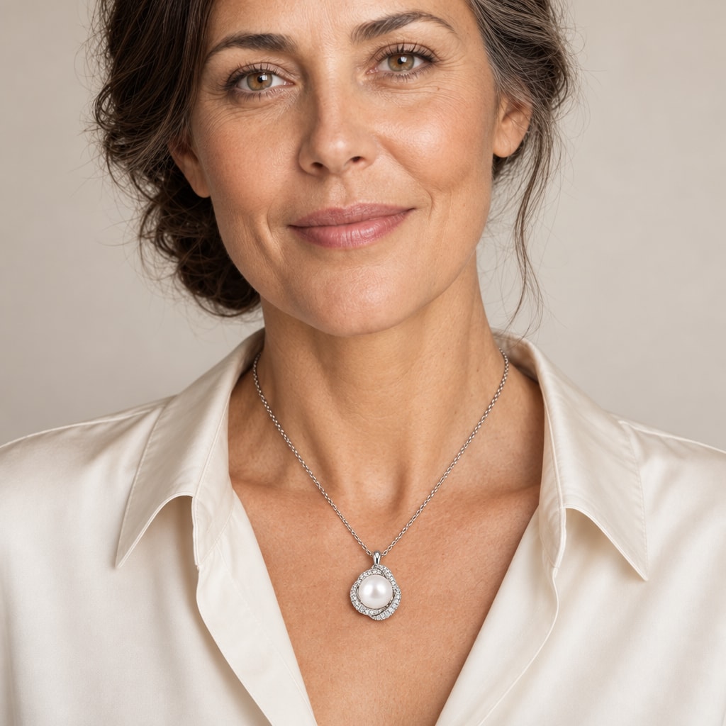 Woman wearing the Gwendolyn twist halo pearl pendant necklace at the sternum over a black ribbed top