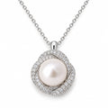 Gwendolyn pavé twist halo freshwater pearl pendant necklace in sterling silver on white background