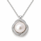 Gwendolyn pavé twist halo freshwater pearl pendant necklace in sterling silver on white background