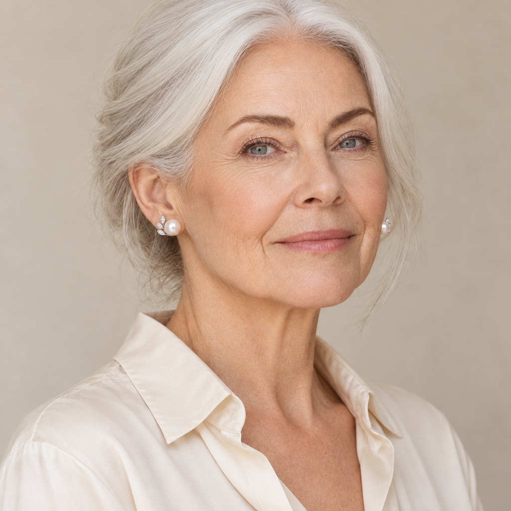 Woman in her fifties wearing the Hanna leaf spray pearl stud earrings, hair swept up