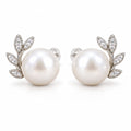 Hanna leaf spray pearl stud earrings, 10-11mm white freshwater pearls with clear crystal leaves