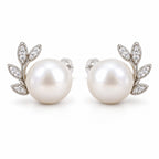 Hanna leaf spray pearl stud earrings, 10-11mm white freshwater pearls with clear crystal leaves