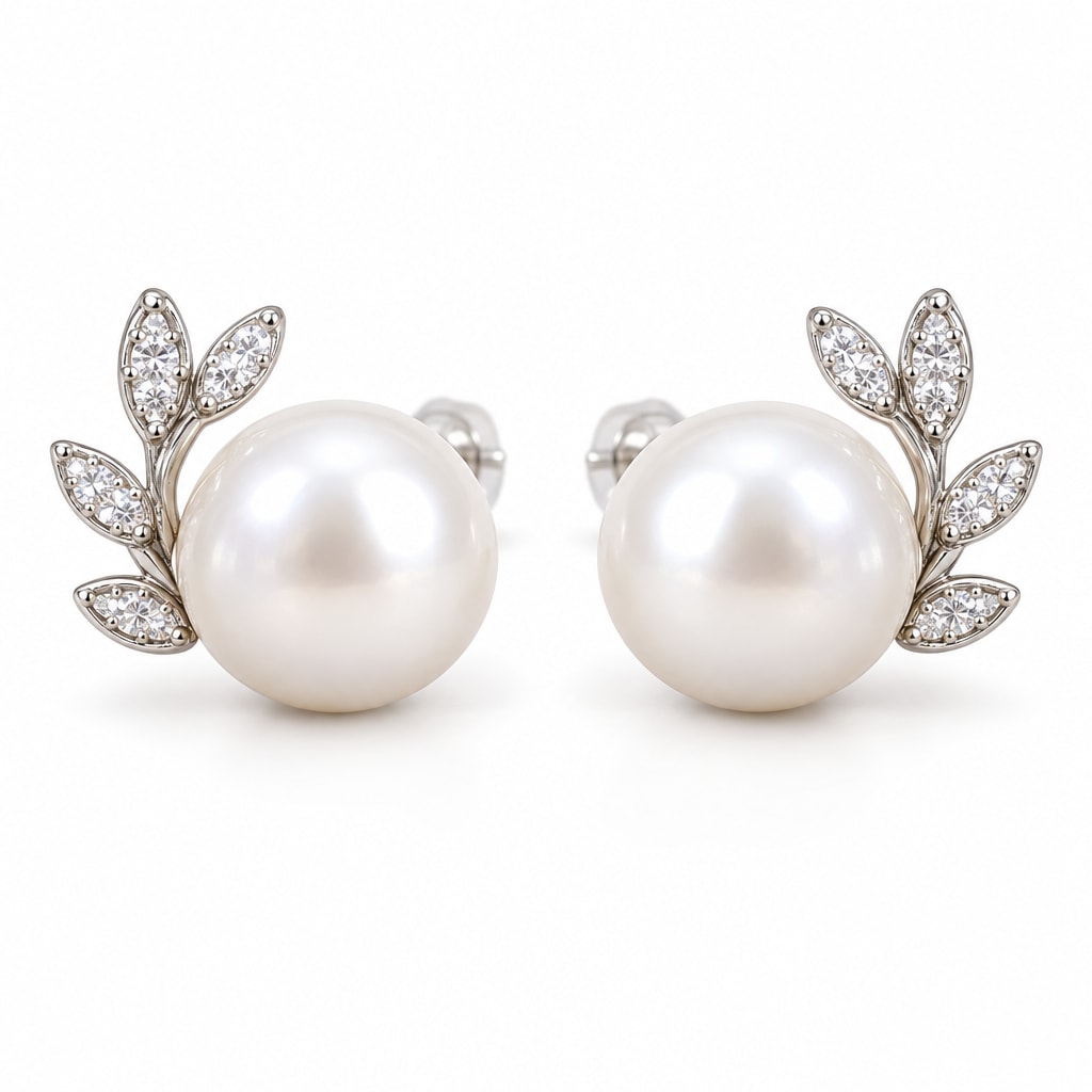 Hanna leaf spray pearl stud earrings, 10-11mm white freshwater pearls with clear crystal leaves