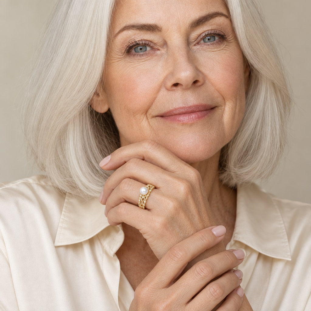Close-up of a model's hand wearing the Hattie pavé lace band pearl ring in gold