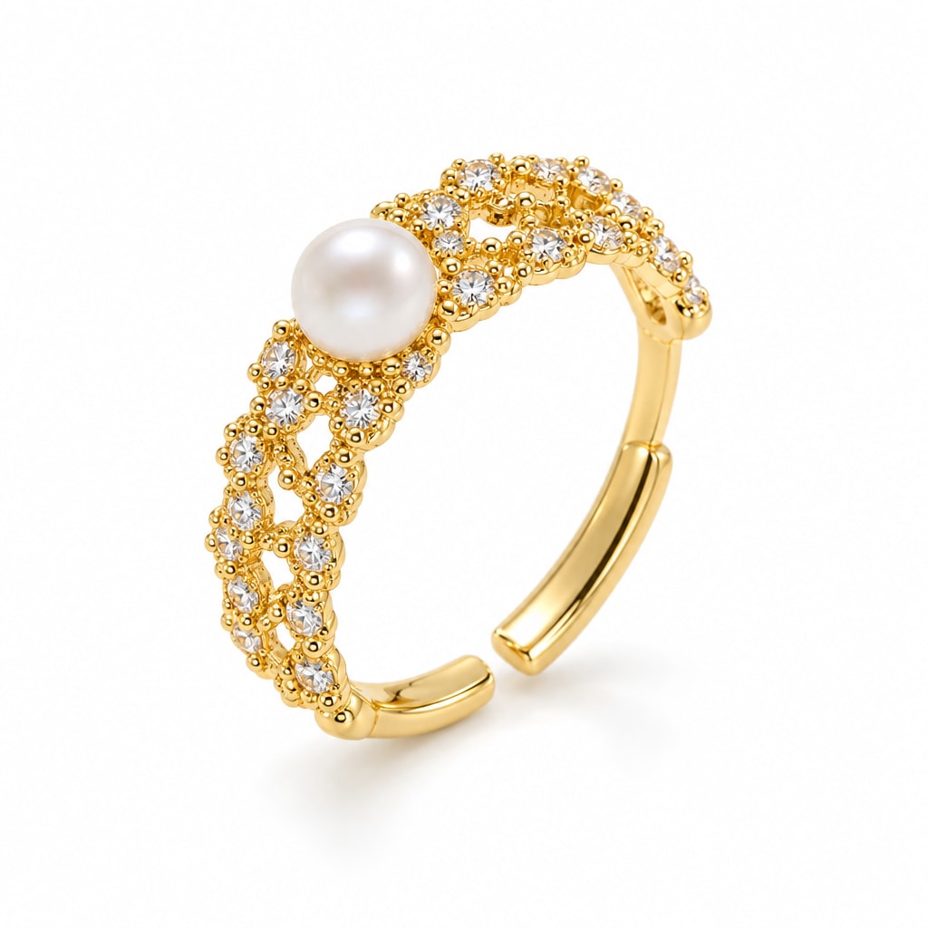 Hattie pavé lace band pearl ring in gold-plated sterling silver on white background