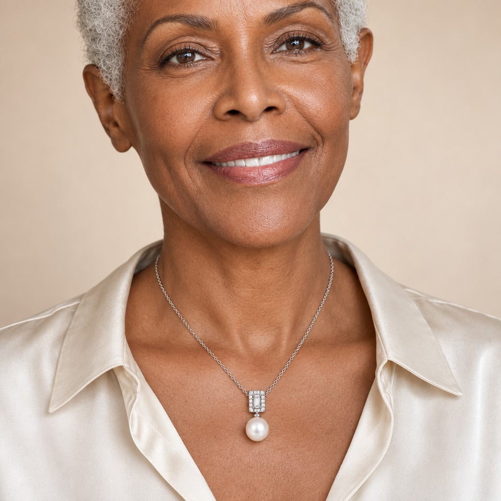 Woman wearing the Hazel baguette pearl pendant necklace at the sternum over a black ribbed top