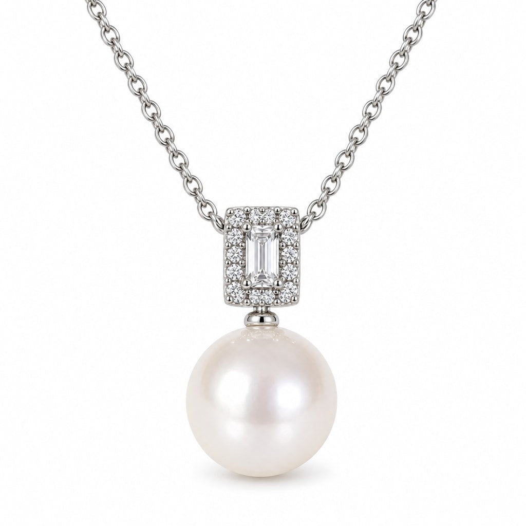 Hazel pavé baguette bail freshwater pearl pendant necklace in sterling silver on white background