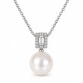 Hazel pavé baguette bail freshwater pearl pendant necklace in sterling silver on white background