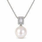 Hazel pavé baguette bail freshwater pearl pendant necklace in sterling silver on white background