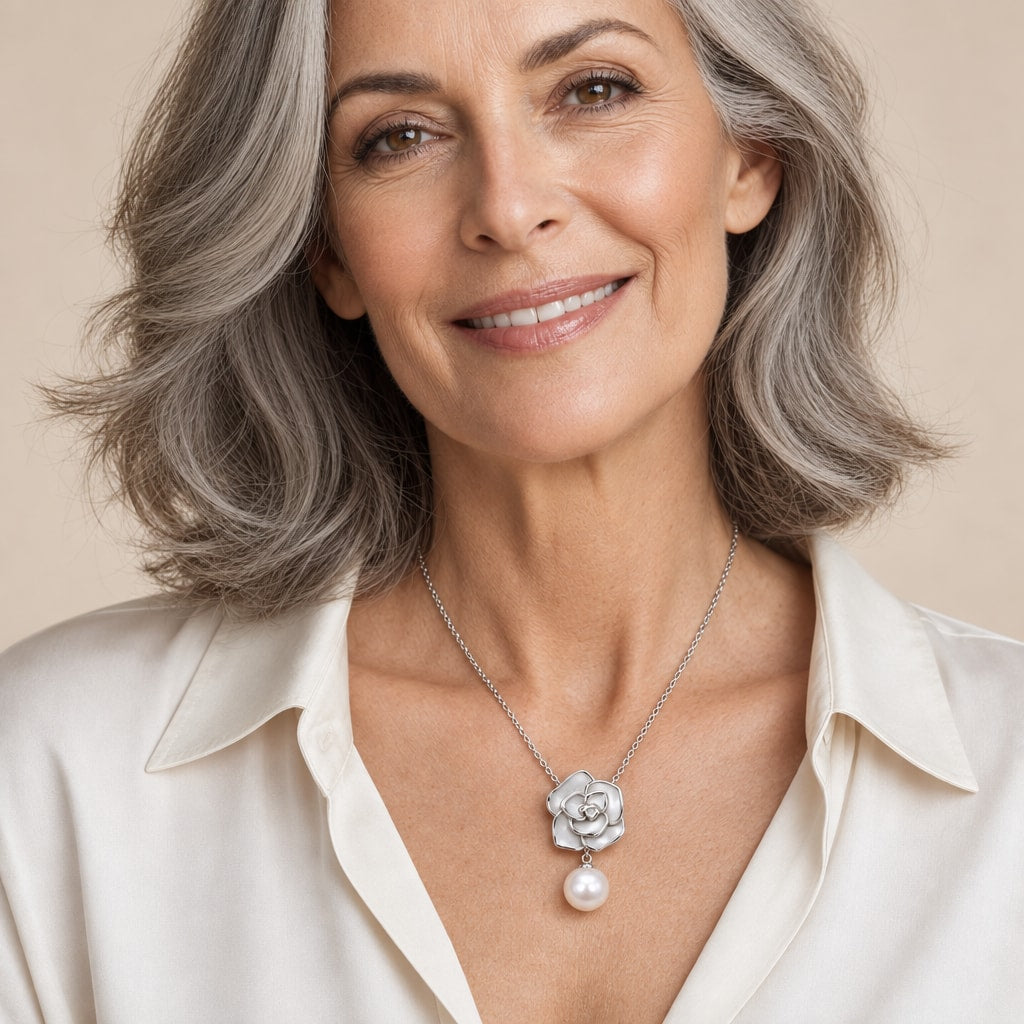 Woman wearing the Hedda rose and pearl drop pendant necklace at the sternum with a black V-neck top
