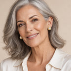 Woman in her sixties wearing the Helene hammered disc pearl earrings, hair tucked behind her ear