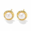 Helene pearl earrings, 7-8mm white button pearls centered on hammered discs with scattered crystals