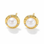 Helene pearl earrings, 7-8mm white button pearls centered on hammered discs with scattered crystals