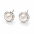 Helene pearl earrings, 7-8mm white button pearls centered on hammered discs with scattered crystals - second finish