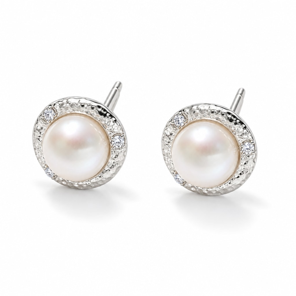 Helene pearl earrings, 7-8mm white button pearls centered on hammered discs with scattered crystals - second finish