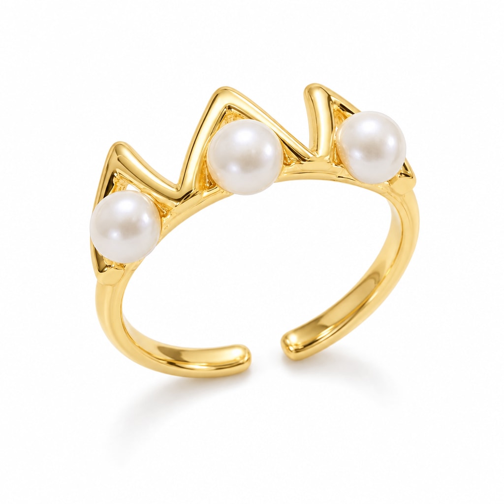 Ida triple pearl crown ring in gold-plated sterling silver on white background