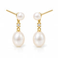 Ines pearl earrings, 3-4mm white button pearl studs with 7-8mm rice pearls hanging below