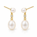 Ines pearl earrings, 3-4mm white button pearl studs with 7-8mm rice pearls hanging below