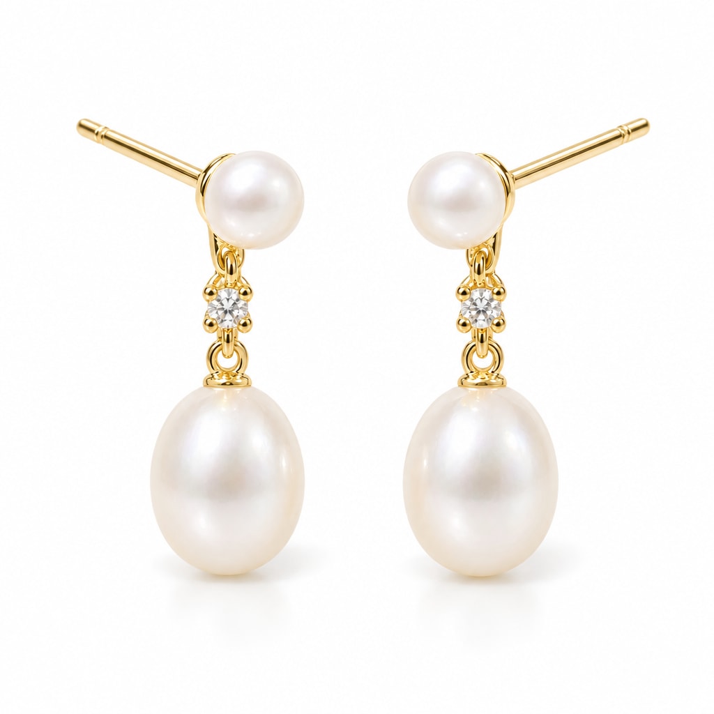 Ines pearl earrings, 3-4mm white button pearl studs with 7-8mm rice pearls hanging below