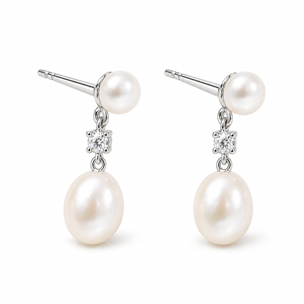 Ines pearl earrings, 3-4mm white button pearl studs with 7-8mm rice pearls hanging below - second finish