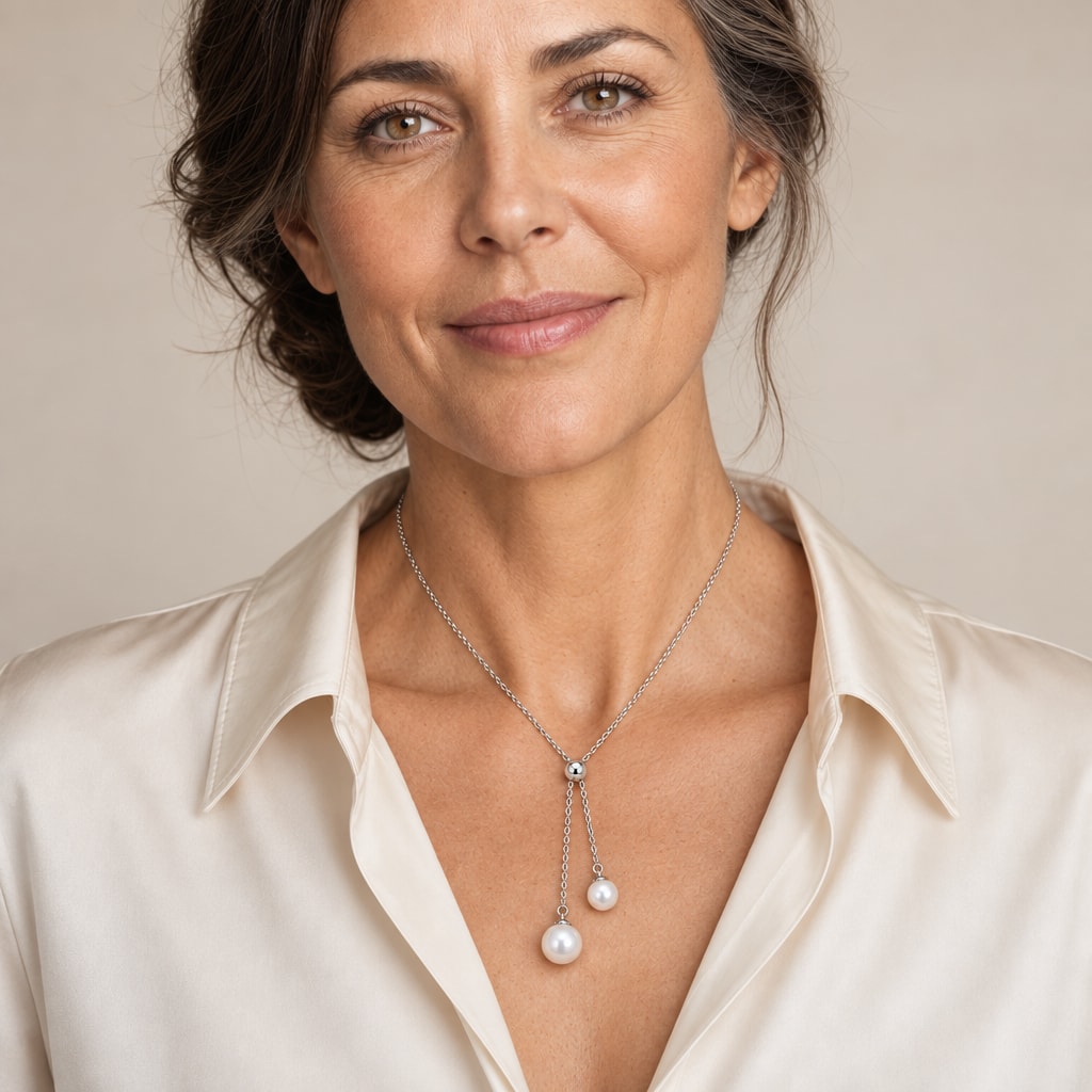 Woman wearing the Ingrid double pearl lariat necklace falling to the sternum with a black V-neck dress