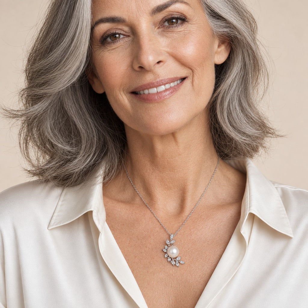 Woman wearing the Irene leaf spray pearl pendant necklace at the sternum over a black ribbed top