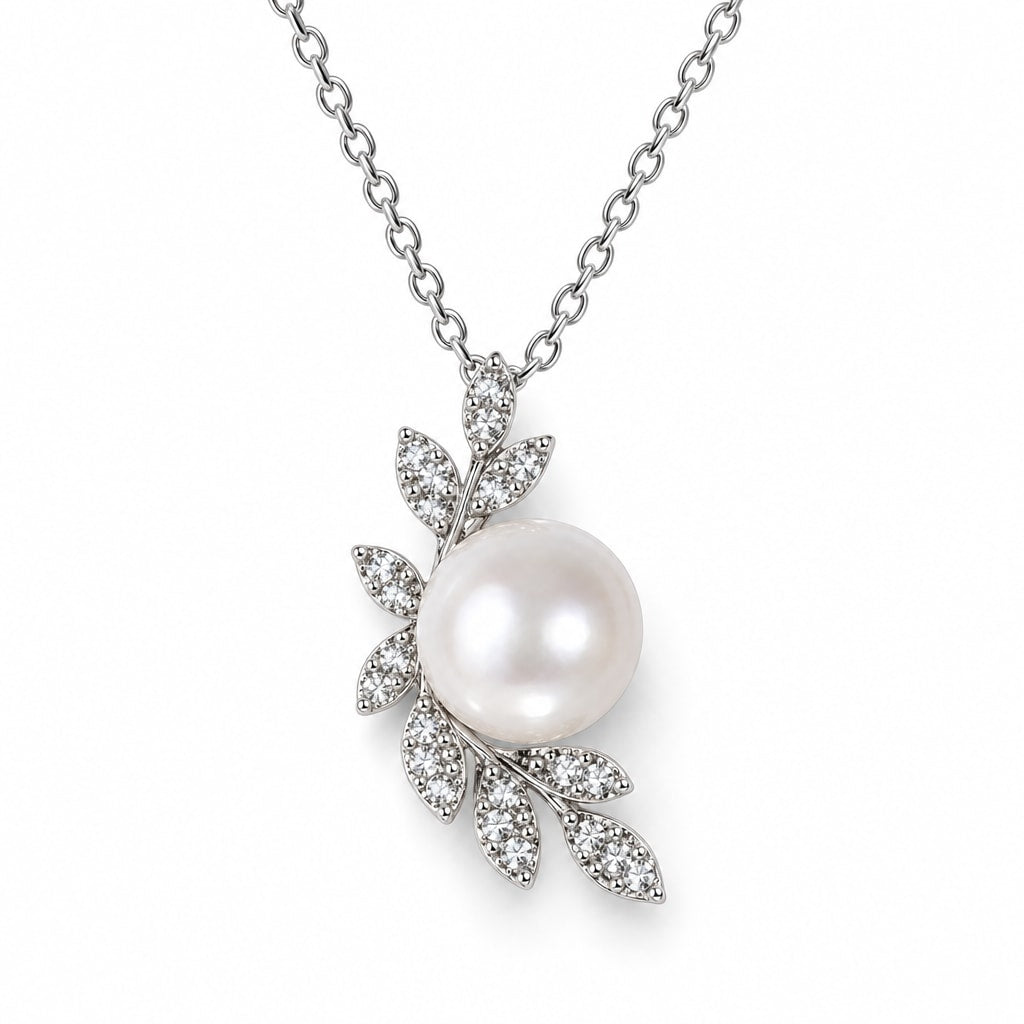 Irene pavé leaf spray freshwater pearl pendant necklace in sterling silver on white background