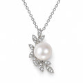 Irene pavé leaf spray freshwater pearl pendant necklace in sterling silver on white background