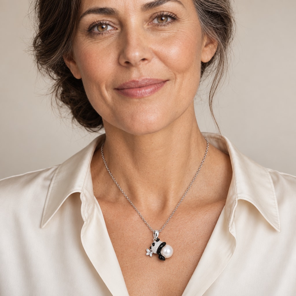 Woman wearing the Iris panda pearl pendant necklace at the sternum over a black ribbed top