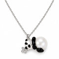 Iris sterling silver panda pendant necklace with a round white freshwater pearl body on white background