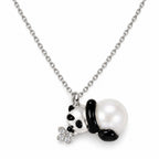 Iris sterling silver panda pendant necklace with a round white freshwater pearl body on white background