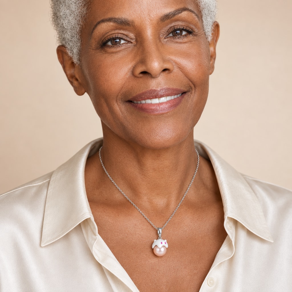 Woman wearing the Jane enamel cat pearl pendant necklace at the sternum over a black ribbed top