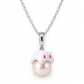 Jane enamel cat pearl pendant necklace with a round freshwater pearl and sterling silver chain on white background