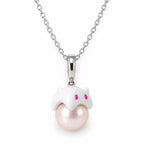Jane enamel cat pearl pendant necklace with a round freshwater pearl and sterling silver chain on white background