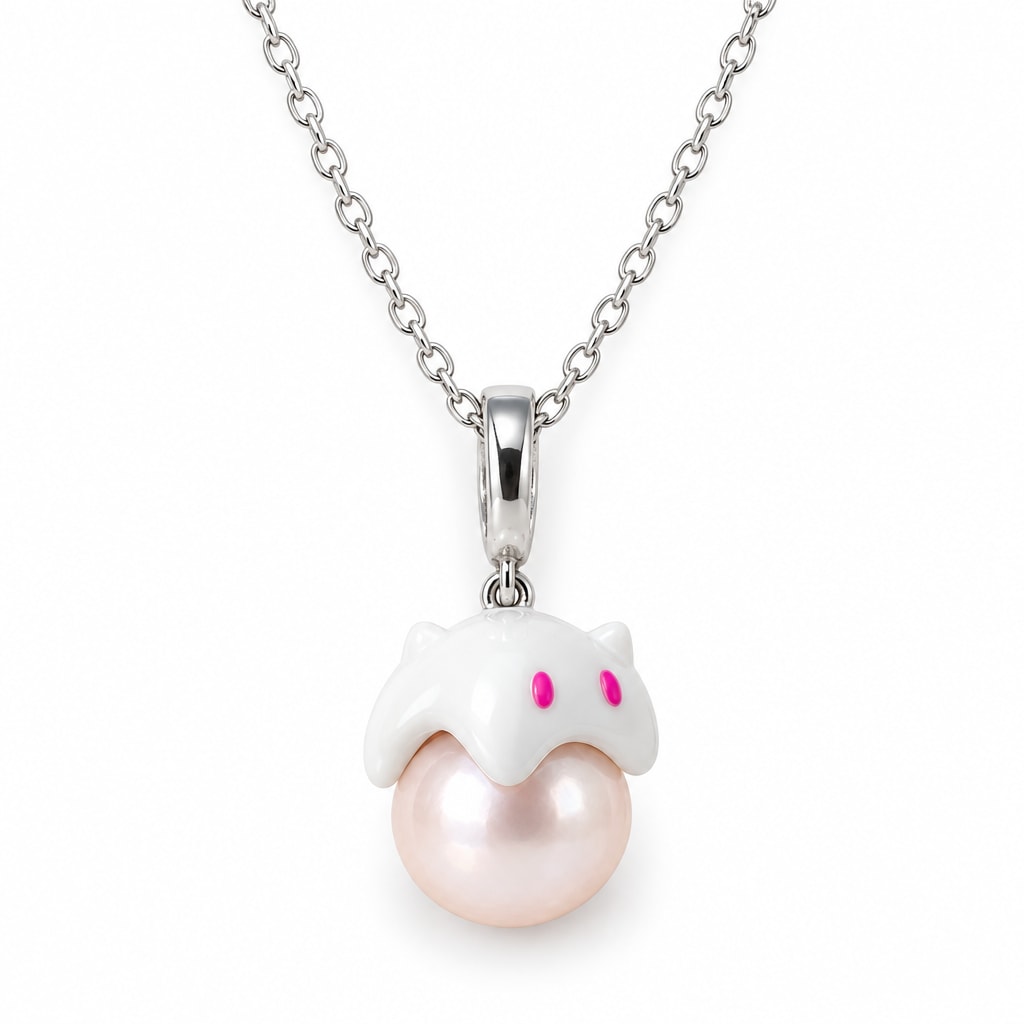 Jane enamel cat pearl pendant necklace with a round freshwater pearl and sterling silver chain on white background