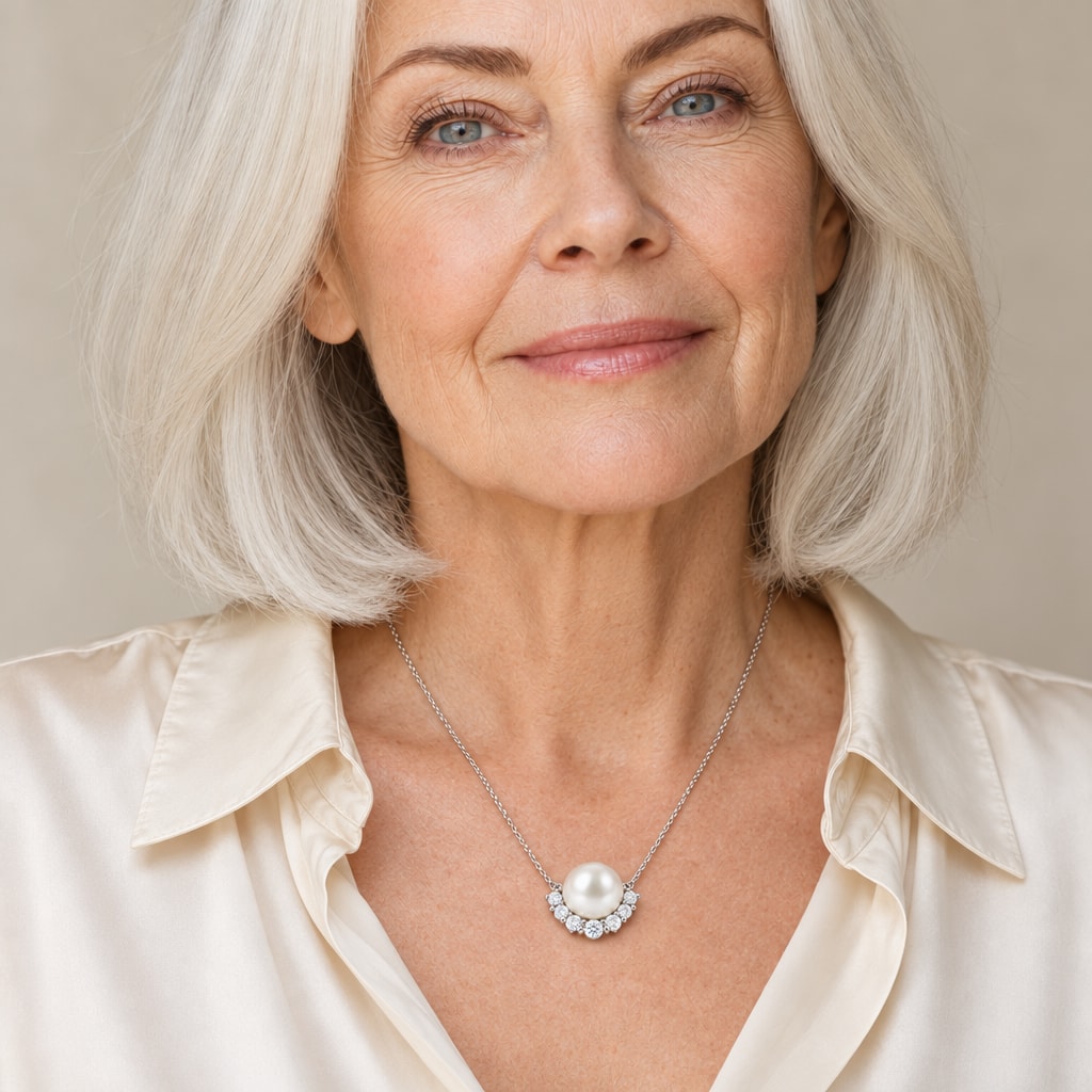 Woman wearing the Joan pavé arc pearl pendant necklace at the collarbone over a black ribbed top