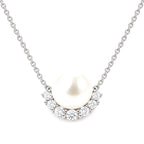 Joan pavé arc freshwater pearl slider pendant necklace in sterling silver on white background