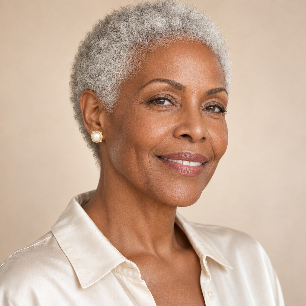 Woman in her fifties wearing the Joelle cushion halo pearl studs, hair pulled back