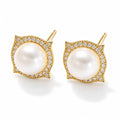 Joelle pearl earrings, 7-8mm white button pearls in pavé cushion halos