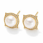 Joelle pearl earrings, 7-8mm white button pearls in pavé cushion halos