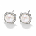 Joelle pearl earrings, 7-8mm white button pearls in pavé cushion halos - second finish