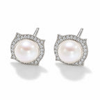 Joelle pearl earrings, 7-8mm white button pearls in pavé cushion halos - second finish