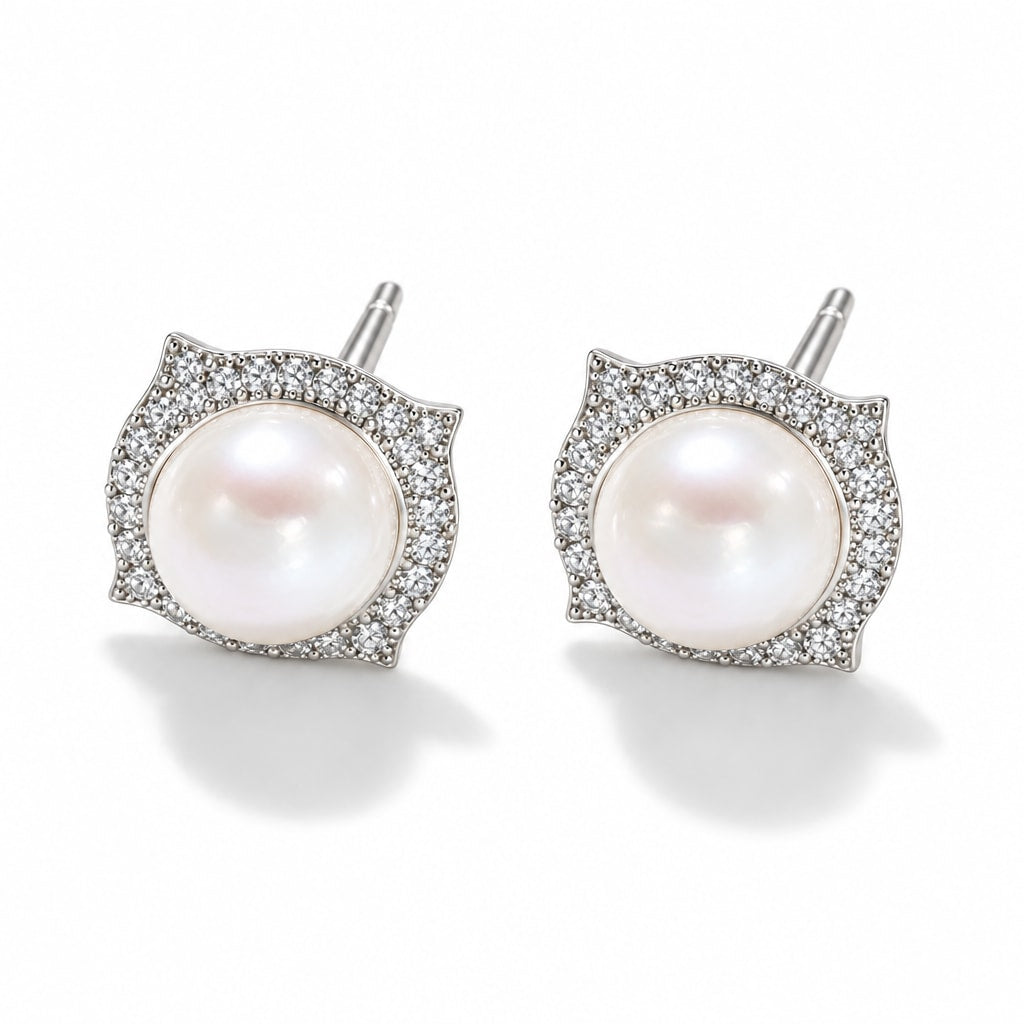 Joelle pearl earrings, 7-8mm white button pearls in pavé cushion halos - second finish