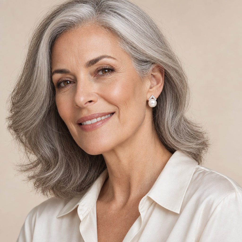 Woman in her sixties wearing the Johanna pavé chevron pearl stud earrings, hair down