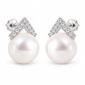 Johanna pavé chevron pearl stud earrings, 10-11mm white freshwater pearls with clear crystal chevron