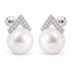 Johanna pavé chevron pearl stud earrings, 10-11mm white freshwater pearls with clear crystal chevron