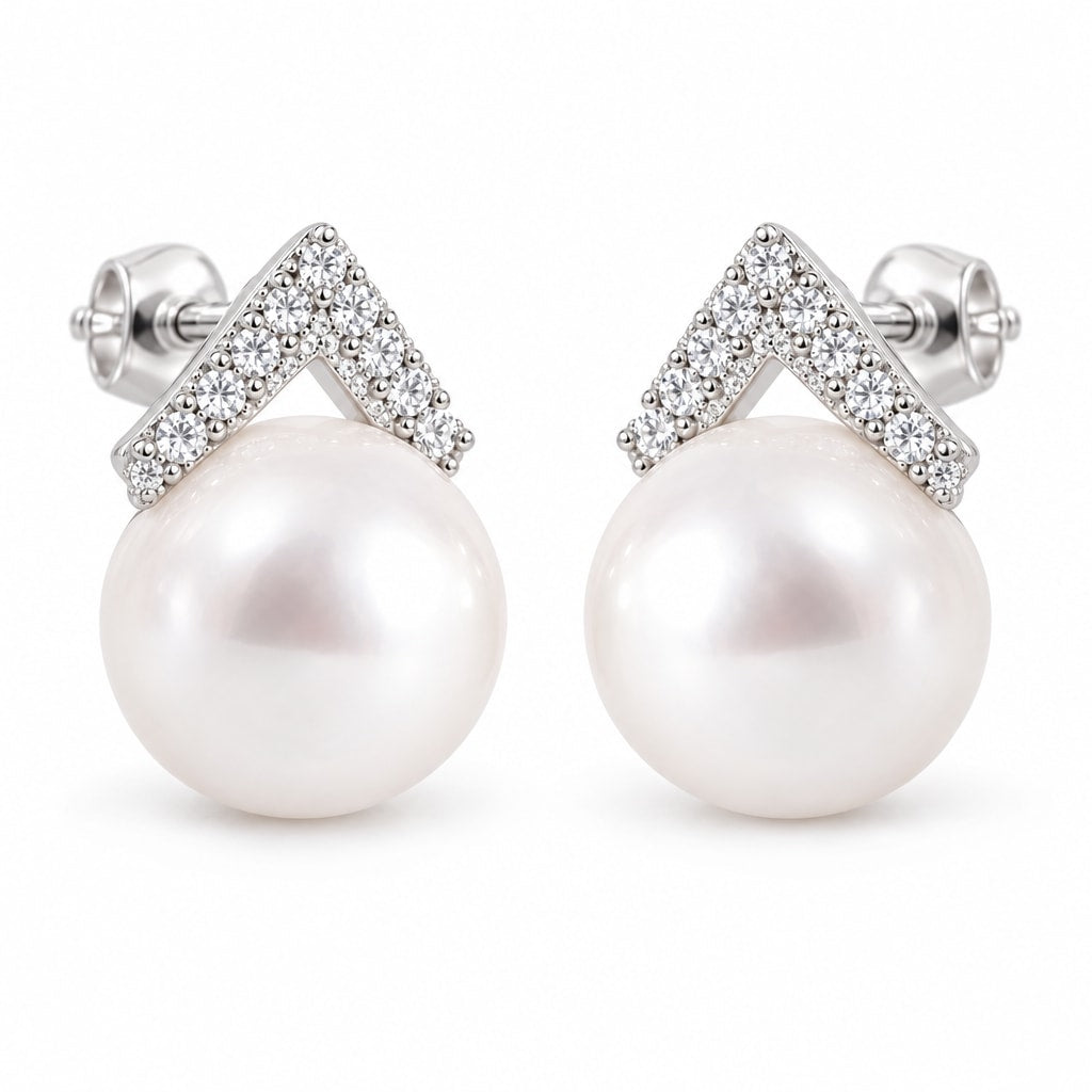 Johanna pavé chevron pearl stud earrings, 10-11mm white freshwater pearls with clear crystal chevron