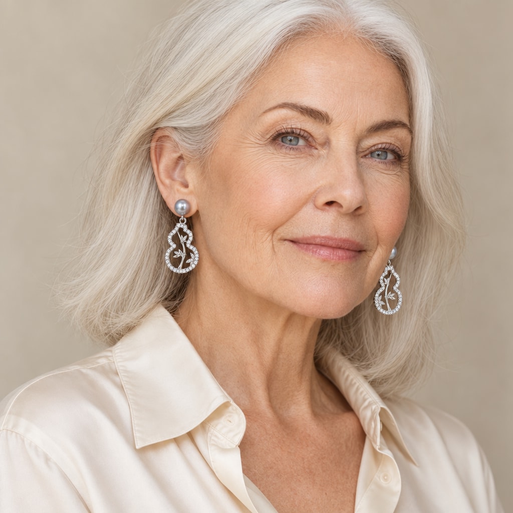 Woman in her sixties wearing the Jolien grey pearl gourd drop earrings, hair half up