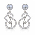 Jolien pavé gourd grey pearl drop earrings, 7-8mm grey freshwater pearls above openwork crystal gourds